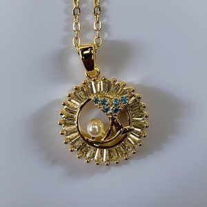 Gold 0.5 ct Zircon Whale and Dolphine Fin Pearl Sapphire Pendant Necklace